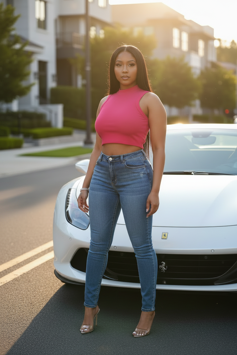 Woman in pink top and blue jeans standing in front of a white car on a street.