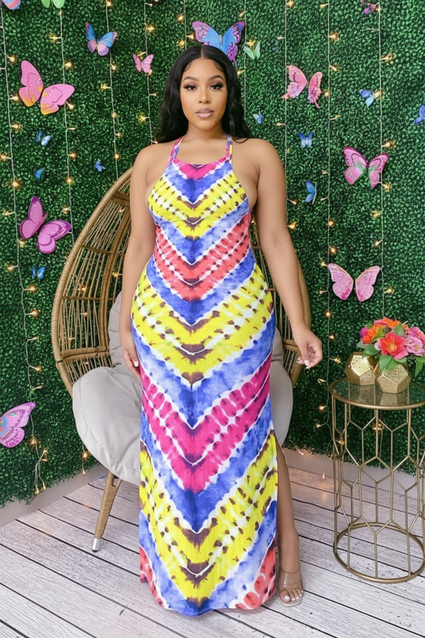 Multi-Colored Back Out Spaghetti Strap Side Leg Split Dress