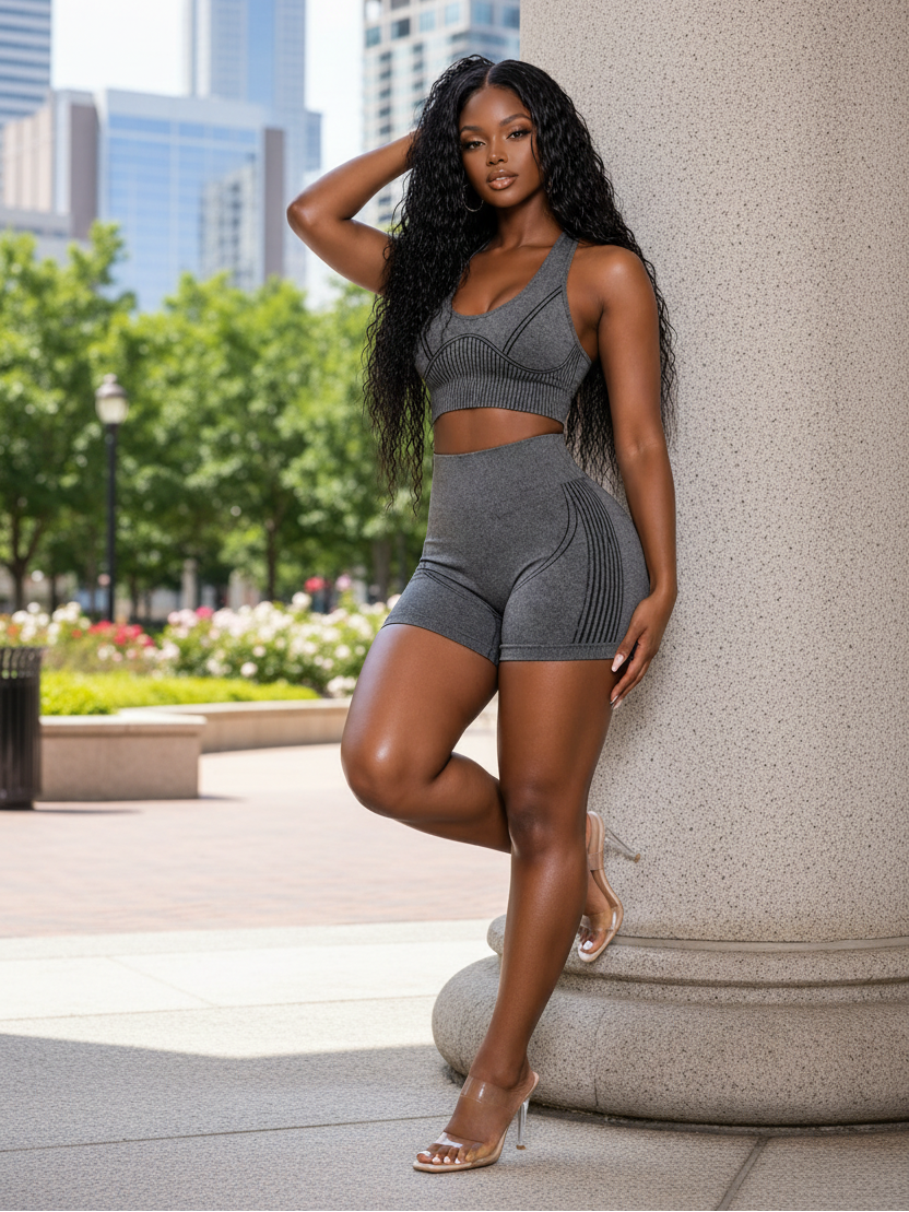 Woman in gray athletic wear posing outdoors with cityscape in the background