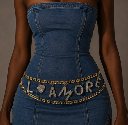 Blue denim dress with 'L'AMORE' embellishments on a neutral background