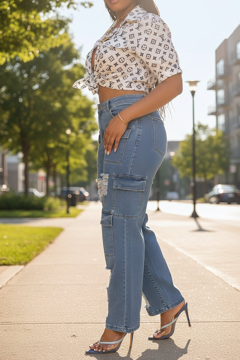 Trendy Ripped Multi-Pocket Jeans for Women