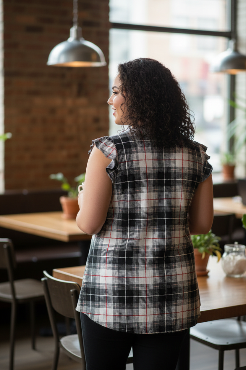 Cozy Chic Plaid Flutter Sleeve Blouse