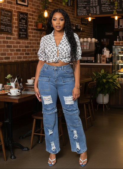 Trendy Ripped Multi-Pocket Jeans for Women