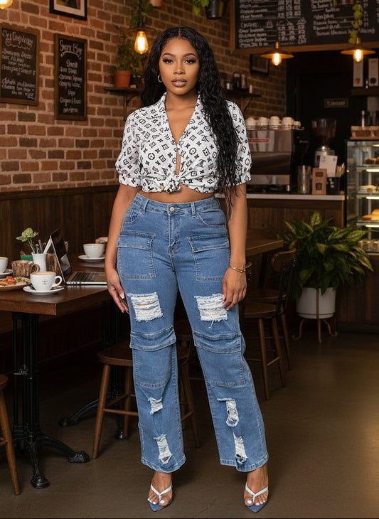 Trendy Ripped Multi-Pocket Jeans for Women