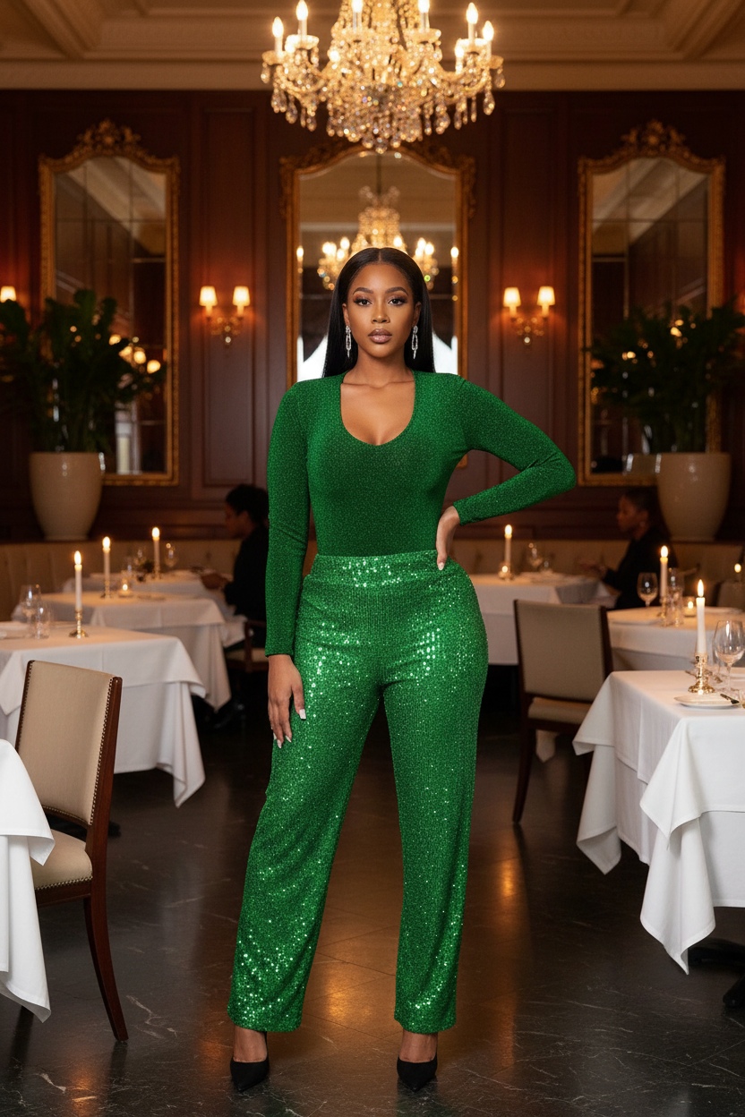 Woman in a green outfit standing in an elegant dining room with chandeliers.