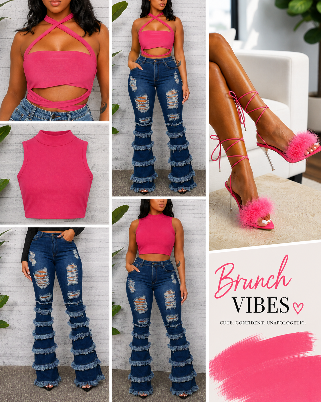 Collage of pink top and blue jeans with 'Brunch Vibes' text