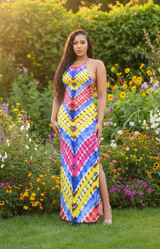 Multi-Colored Back Out Spaghetti Strap Side Leg Split Dress