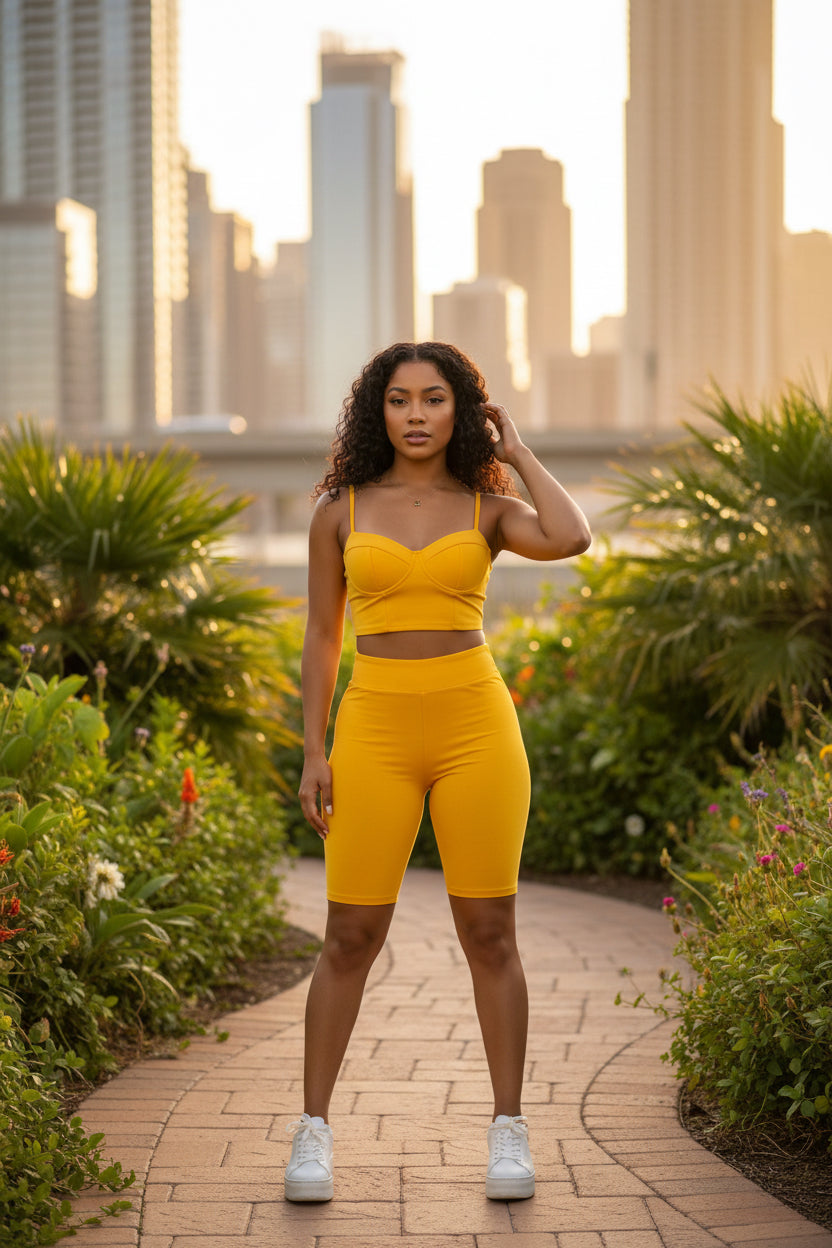 Golden Glow Two-Piece Biker Short Set