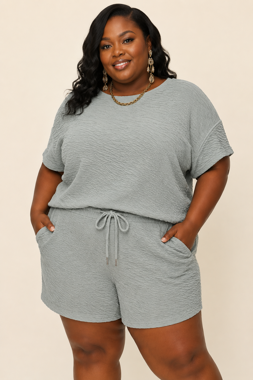 Texture Short Sleeve T-Shirt and Drawstring Shorts Set