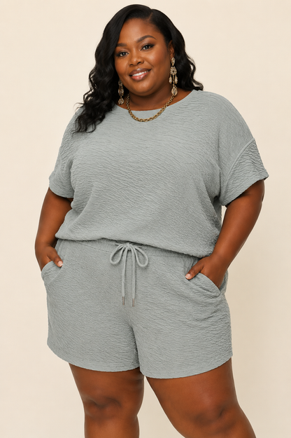 Texture Short Sleeve T-Shirt and Drawstring Shorts Set