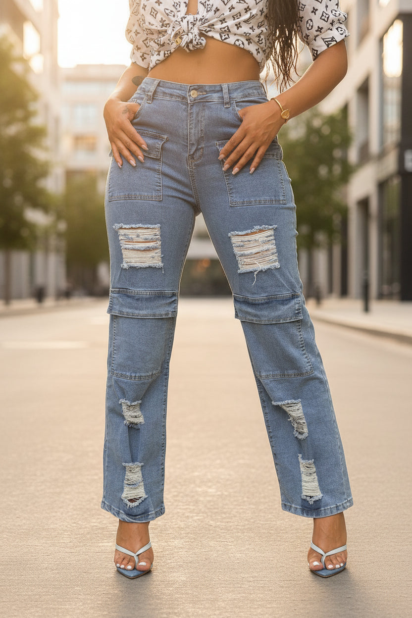 Trendy Ripped Multi-Pocket Jeans for Women
