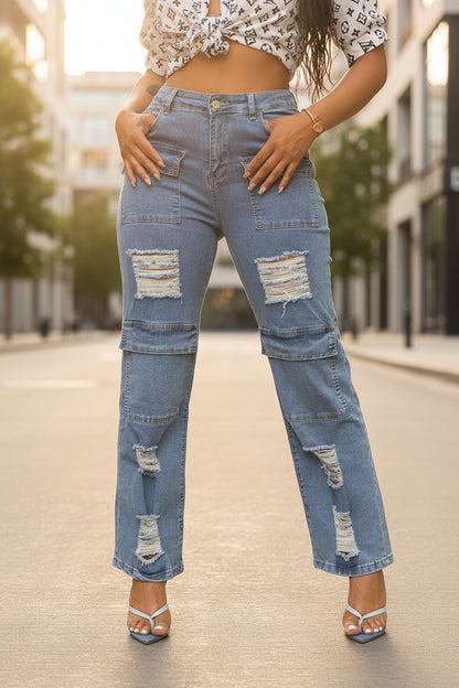 Trendy Ripped Multi-Pocket Jeans for Women
