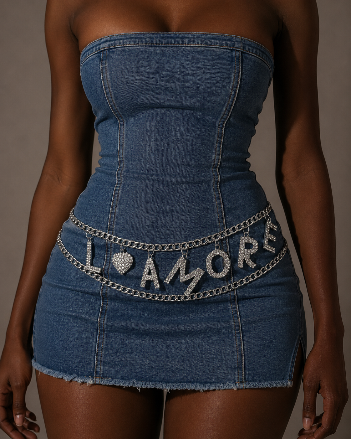 Blue denim dress with 'I AMORE' chain and heart detail on a plain background