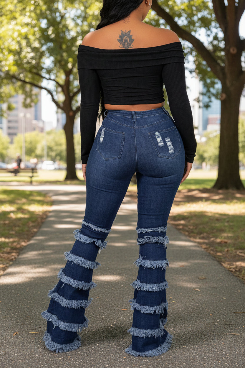 Edgy Distressed Layered Flare Denim Pants