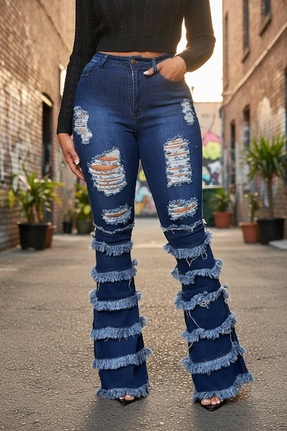 Edgy Distressed Layered Flare Denim Pants