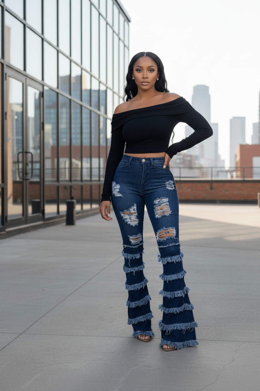 Edgy Distressed Layered Flare Denim Pants