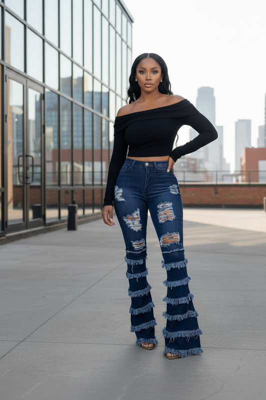 Edgy Distressed Layered Flare Denim Pants