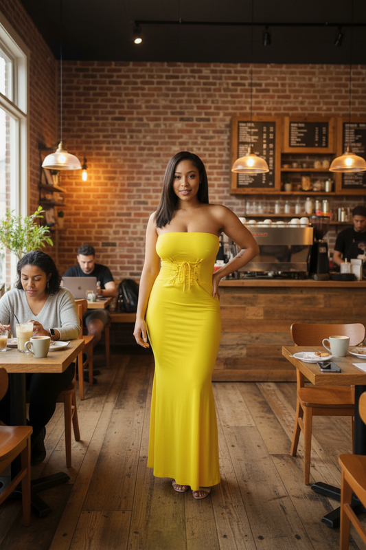 Woman in a yellow dress standing in a cozy café with brick walls and wooden floors.
