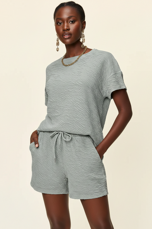 Texture Short Sleeve T-Shirt and Drawstring Shorts Set