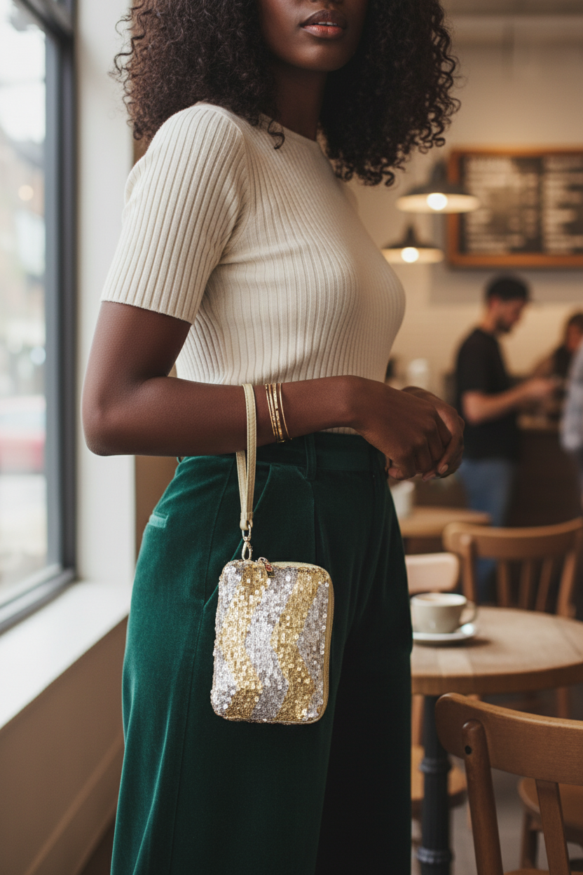 Sequin Zip Around Wristlet Wallet with Wrist Strap