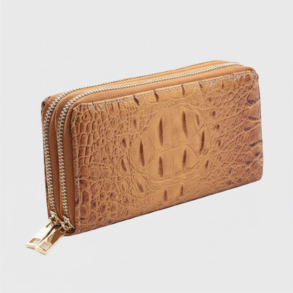 Faux Leather Croc Wallet Wristlet – Dual Zipper